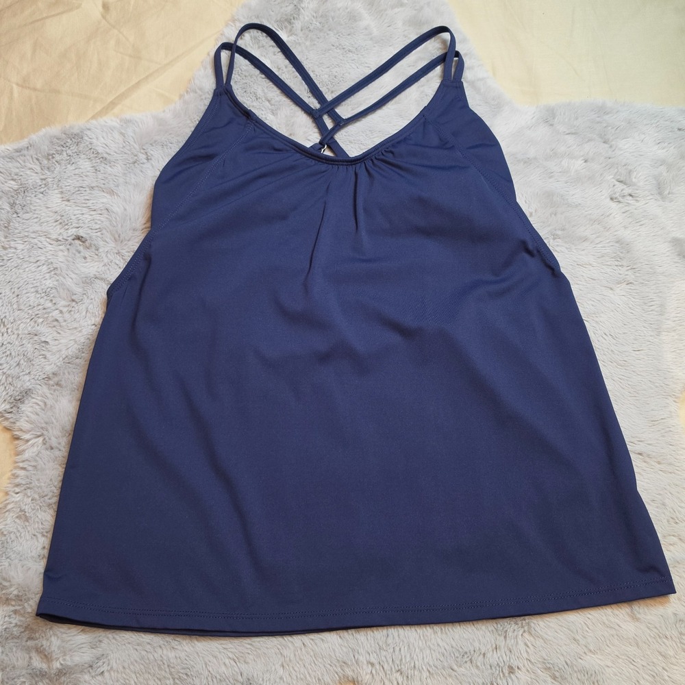 Athleta Strappy Cross Back Tankini Swim Top Navy Blue Solid Medium M